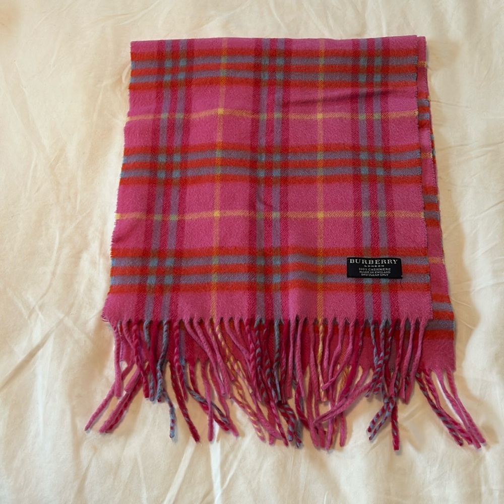 Burberry cashmere scarf- pink, orange, blue, yellow plaid print